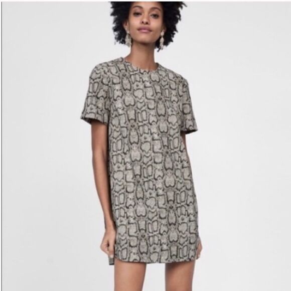Zara Python Snake Print Short Sleeve Shift Dress - Picture 1 of 7